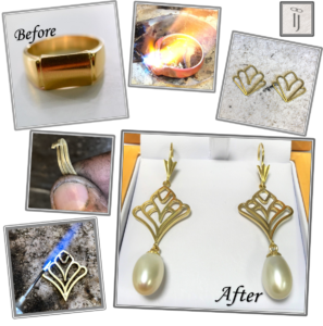 Gold ring made into art deco drop earrings
